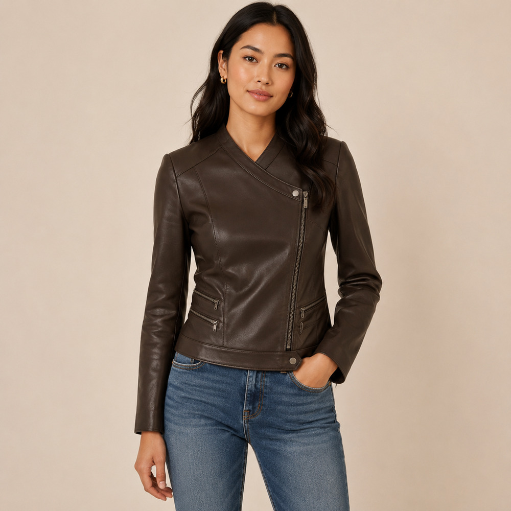 Cole Haan Lambskin Leather Asymmetrical Moto Jacket Chocolate Brown XS